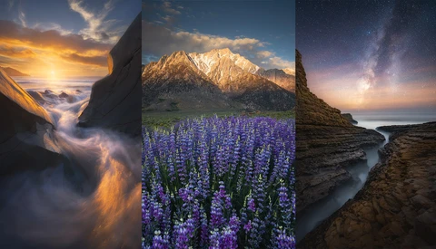 Triptych of landscape photography showcasing dramatic skies, mountains, and water features at golden hour and night.