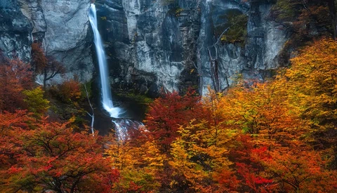 Waterfall cascading down a gray cliff face surrounded by vibrant autumn foliage in red, orange, and yellow tones.