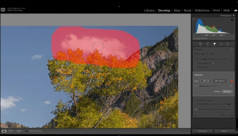 Screenshot of photo editing software showing a landscape image with a red selection mask overlaid on the sky and upper foliage.