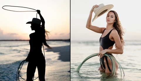 Side-by-side beach portraits showing silhouetted figure with lasso at sunset and woman in hat holding coiled rope in shallow water.