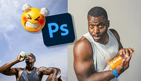 Composite graphic showing Photoshop logo, angry emoji, athlete drinking beverage, and man in white tank top holding orange drink.