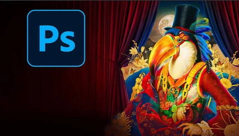 Adobe Photoshop logo next to an ornate illustration of a figure in elaborate costume and top hat.
