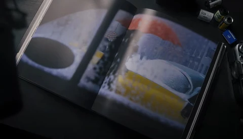 Open portfolio or magazine spread displaying product photography with colored objects and soft, diffused lighting.