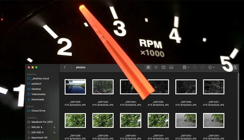Screenshot of a photo library interface overlaid with a close-up of a car's analog RPM gauge.