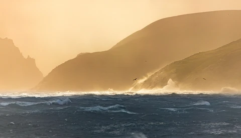Dramatic coastal landscape with golden-hour light illuminating steep cliffs and turbulent ocean waves.