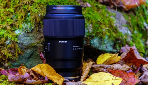 Tamron macro lens positioned on moss-covered ground with autumn leaves.
