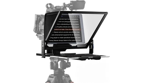 Teleprompter mounted on camera rig with semi-transparent screen displaying text.