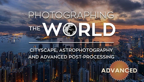 Course title graphic for 'Photographing the World' featuring an aerial cityscape at dusk with dramatic clouds.