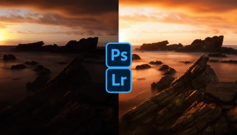 Side-by-side comparison of a coastal sunset photograph showing before and after editing with Photoshop and Lightroom.