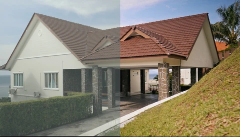 Before and after comparison of a residential home renovation showing the original white house with gray roof on the left and the redesigned version with terracotta tile roof on the right.