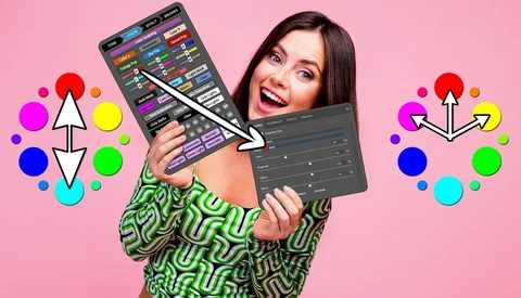 Illustration of a woman holding a digital drawing tablet and stylus against a pink background.