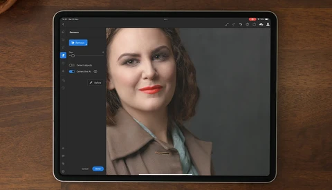 Screenshot of portrait editing software showing a woman with styled hair and red lipstick against a neutral background.