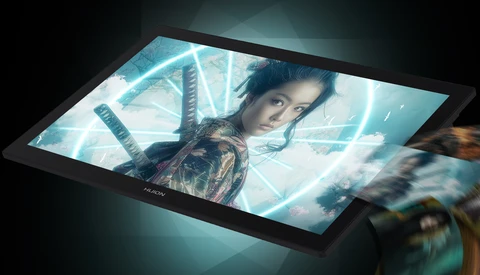 Digital tablet displaying a composite image of a person's face with architectural elements and glowing light effects.