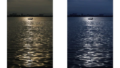 Side-by-side comparison of the same waterscape scene with different color grading treatments.