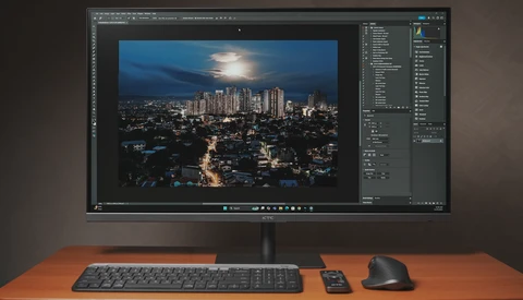 Screenshot of photo editing software displaying a nighttime cityscape with illuminated buildings and moonlit sky.