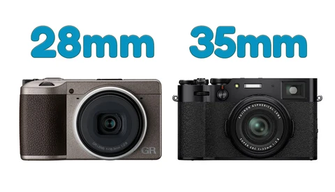 Comparison of two compact cameras with 28mm and 35mm fixed focal length lenses side by side.