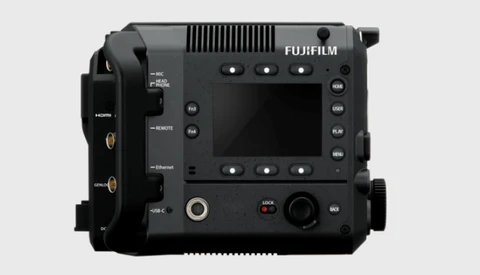 Back panel of a Fujifilm cinema camera showing ports, connectors, and control buttons.