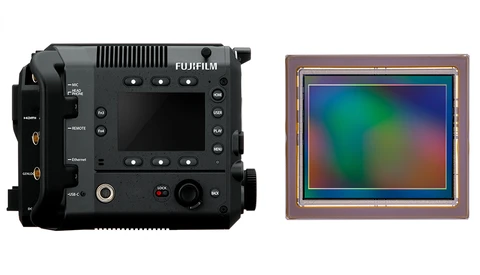 Fujifilm cinema camera body displayed alongside a color test chart sensor.