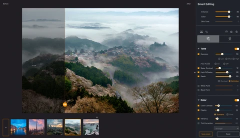 Screenshot of photo editing software showing a misty mountain landscape with editing panels open on the right side.