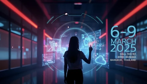 Silhouetted figure in futuristic corridor with neon red and blue lighting and holographic interface elements.