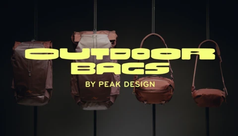 Graphic design showcasing four brown leather outdoor bags suspended against a dark background with bright yellow text overlay.