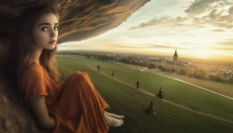 Woman in orange dress perched on rocky outcrop overlooking expansive valley and distant city at sunset.