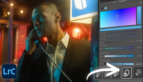 Man in suit speaking into microphone with warm studio lighting, split-screen showing Lightroom color grading interface.