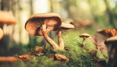 Delicate mushrooms with thin stems and umbrella-like caps growing on moss-covered ground in dappled forest light.