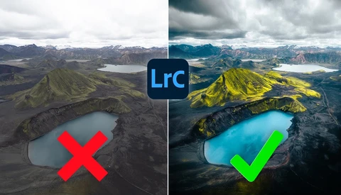 Screenshot comparing Lightroom Classic edits of an Icelandic landscape with volcanic peaks and crater lake, showing before and after versions.