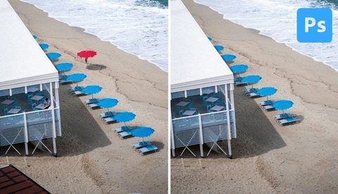 Before and after comparison showing removal of a red umbrella from a beach scene with blue umbrellas and a lifeguard station.