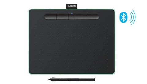 Wacom drawing tablet with stylus and Bluetooth connectivity indicator.
