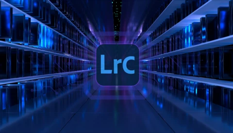 Graphic illustration of LrC logo centered in a futuristic server corridor with blue neon lighting.