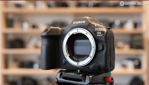 Canon EOS R5 Mark II mirrorless camera body without lens, mounted on a tripod head.