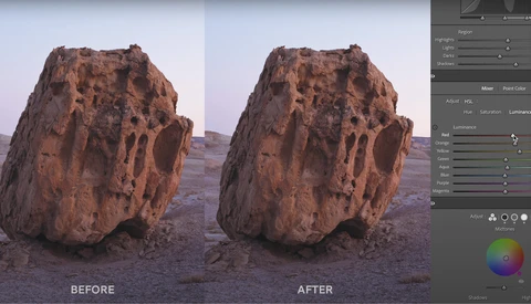 Screenshot showing before and after comparison of a large desert rock formation with Lightroom adjustment panels visible on the right.