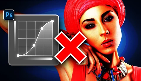 Screenshot of Photoshop curves adjustment dialog with a red X symbol and stylized portrait with red headwrap.