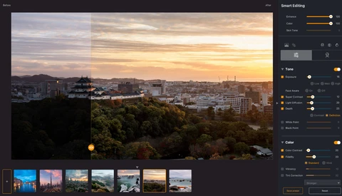 Screenshot of Smart Editing interface showing sunset cityscape photo with adjustment panels on right side.