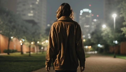 Person in brown jacket walking away from camera through park at night with city skyline in background.