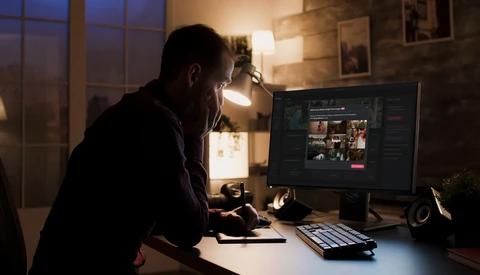 Video editor reviewing footage on a monitor in a dimly lit workspace at night.