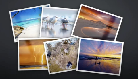 Collection of six landscape photographs arranged on a dark background, showcasing diverse natural scenes and lighting conditions.