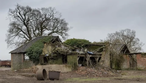 Abandoned stone cottage overgrown with moss and vegetation, surrounded by bare trees and a metal drum in the foreground.