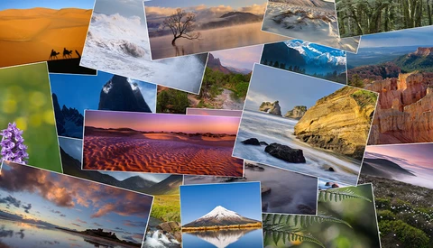 Collage of diverse landscape photographs displaying varied environments and lighting conditions.