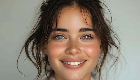 Young woman with dark hair and blue eyes smiling at camera against neutral background.