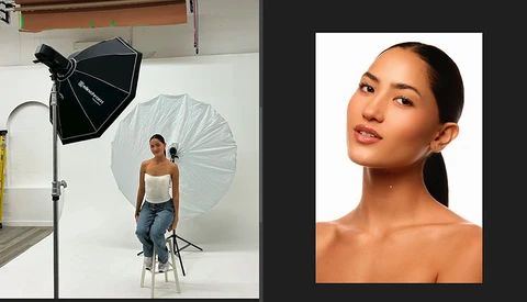 Studio portrait setup with model on stool under large umbrella reflector and key light.