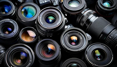 Collection of camera lenses arranged overhead, displaying various focal lengths with colorful glass elements visible through their front elements.