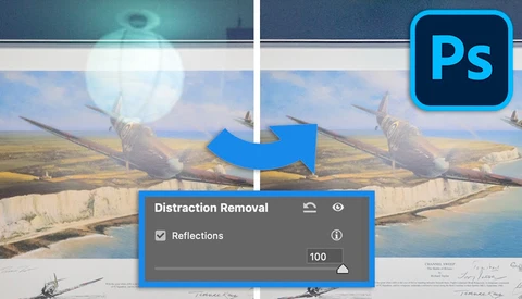 Screenshot of Photoshop's Distraction Removal tool being applied to a historical aircraft image.