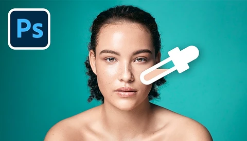 Woman's face against turquoise background with retouching tool overlay and Photoshop logo.