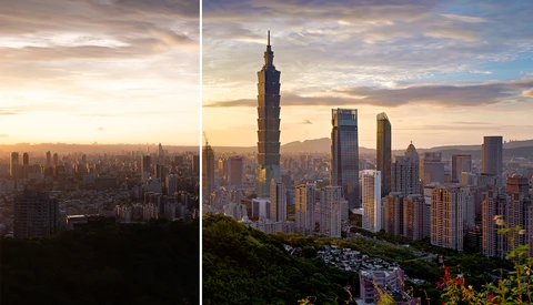 Side-by-side comparison of a city skyline at sunrise and golden hour, showing dramatic lighting changes throughout the day.