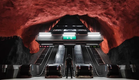 Stockholm subway station with dramatic red rock ceiling and escalators lit by fluorescent panels.
