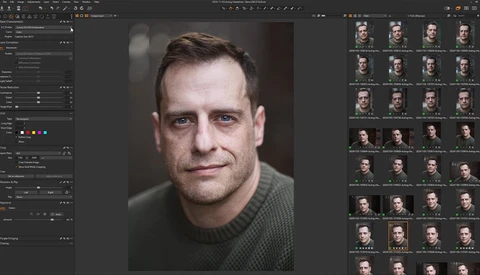 Screenshot of photo editing software showing portrait retouching workflow with main image and contact sheet.