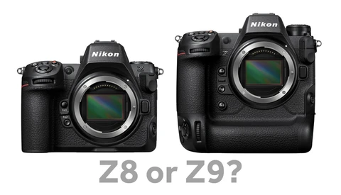Side-by-side comparison of two Nikon mirrorless camera bodies, Z8 on left and Z9 on right.